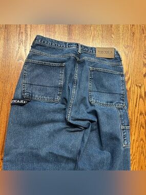 Vintage Nautica Jeans Mens 34x32 Blue Denim Carpenter Wide Leg Baggy Workwear